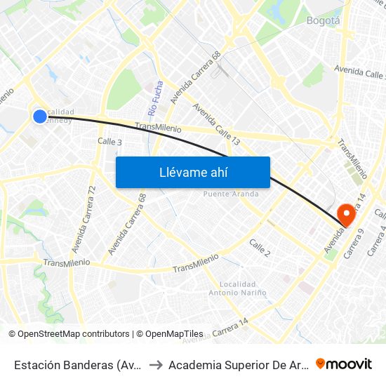 Estación Banderas (Av. Américas - Kr 79a) to Academia Superior De Artes De Bogota - Asab map