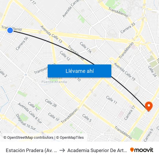 Estación Pradera (Av. Américas - Kr 65) to Academia Superior De Artes De Bogota - Asab map