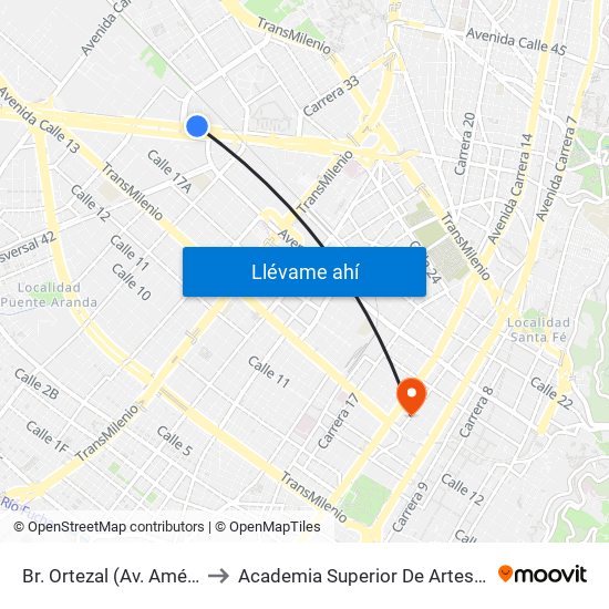 Br. Ortezal (Av. Américas - Tv 39) to Academia Superior De Artes De Bogota - Asab map