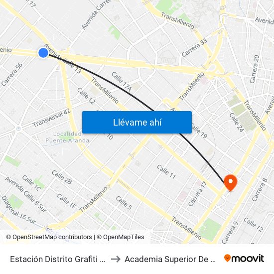Estación Distrito Grafiti (Av. Américas - Kr 53a) to Academia Superior De Artes De Bogota - Asab map
