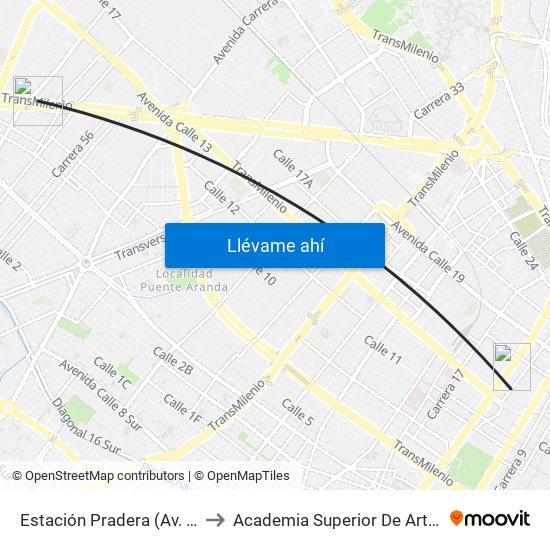 Estación Pradera (Av. Américas - Kr 65) to Academia Superior De Artes De Bogota - Asab map