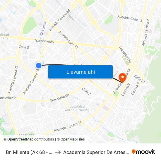 Br. Milenta (Ak 68 - Cl 17 Sur) (B) to Academia Superior De Artes De Bogota - Asab map