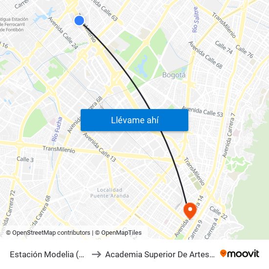 Estación Modelia (Ac 26 - Kr 82) to Academia Superior De Artes De Bogota - Asab map