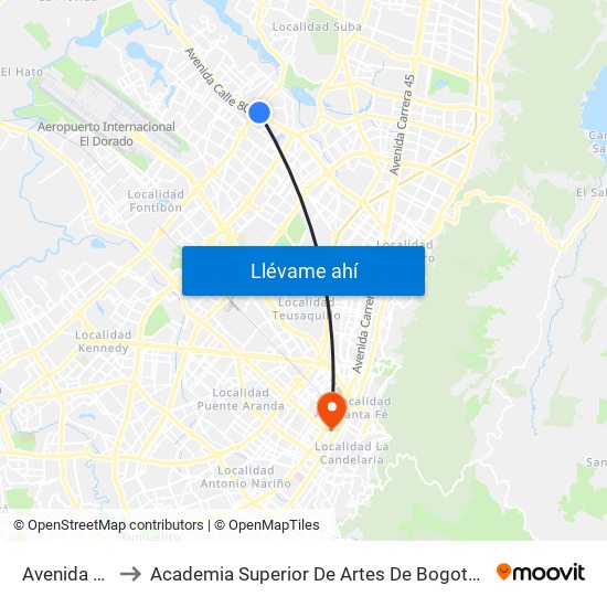 Avenida Cali to Academia Superior De Artes De Bogota - Asab map