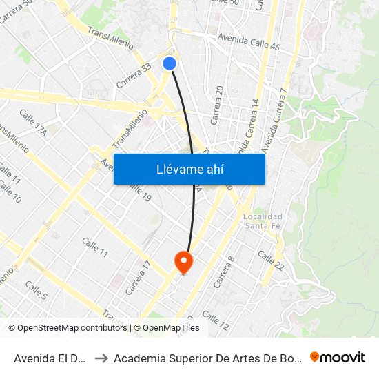 Avenida El Dorado to Academia Superior De Artes De Bogota - Asab map