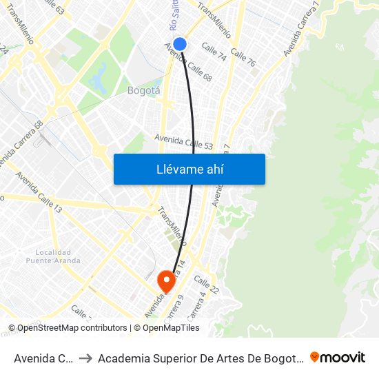 Avenida Chile to Academia Superior De Artes De Bogota - Asab map