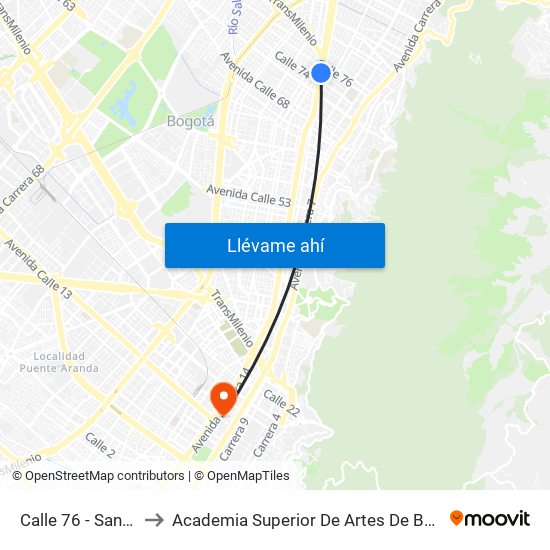 Calle 76 - San Felipe to Academia Superior De Artes De Bogota - Asab map