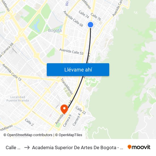 Calle 72 to Academia Superior De Artes De Bogota - Asab map