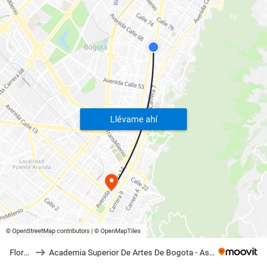 Flores to Academia Superior De Artes De Bogota - Asab map