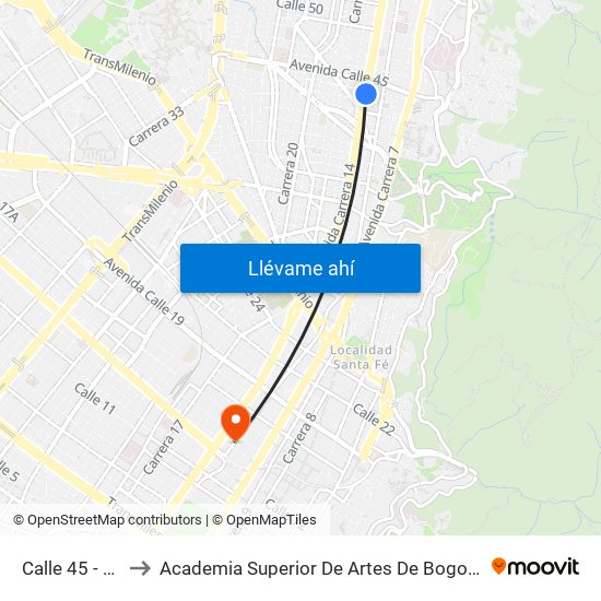 Calle 45 - Asw to Academia Superior De Artes De Bogota - Asab map