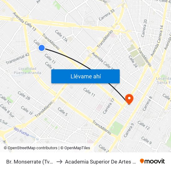 Br. Monserrate (Tv 42 - Cl 11a) to Academia Superior De Artes De Bogota - Asab map