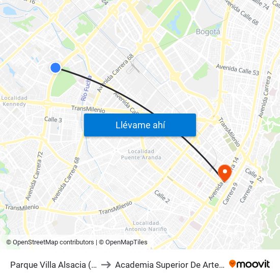 Parque Villa Alsacia (Cl 11a - Kr 72a) to Academia Superior De Artes De Bogota - Asab map