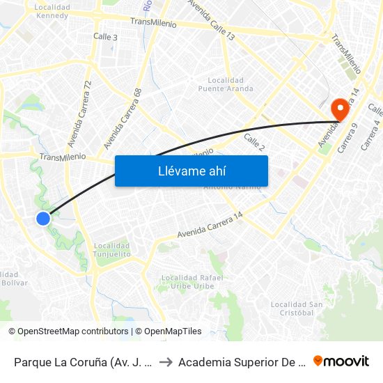 Parque La Coruña (Av. J. Gaitán C. - Cl 58a Sur) (A) to Academia Superior De Artes De Bogota - Asab map