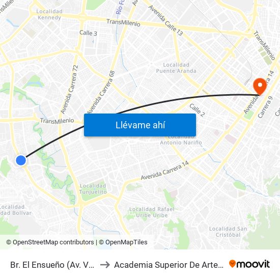 Br. El Ensueño (Av. V/cio - Tv 63) (A) to Academia Superior De Artes De Bogota - Asab map