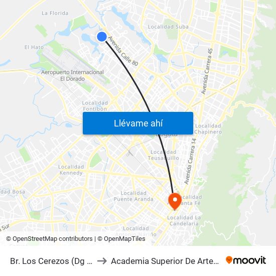 Br. Los Cerezos (Dg 77b - Kr 119a) to Academia Superior De Artes De Bogota - Asab map