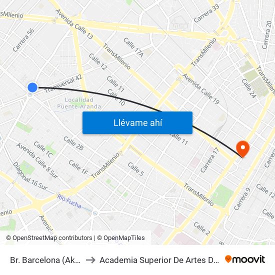 Br. Barcelona (Ak 50 - Ac 3) to Academia Superior De Artes De Bogota - Asab map