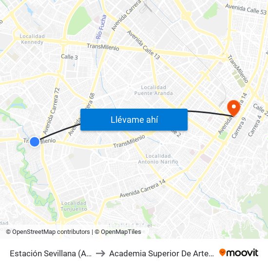 Estación Sevillana (Auto Sur - Kr 57) to Academia Superior De Artes De Bogota - Asab map