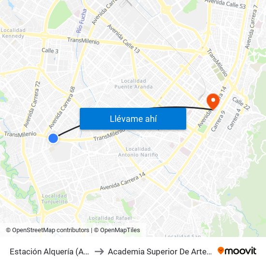 Estación Alquería (Auto Sur - Kr 51) to Academia Superior De Artes De Bogota - Asab map