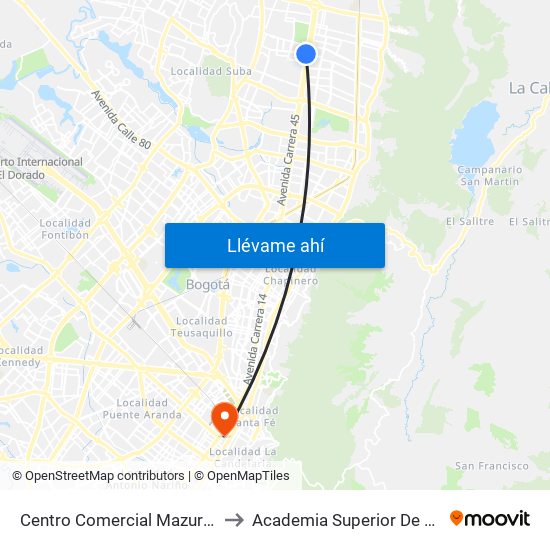 Centro Comercial Mazurén (Cl 152 - Auto Norte) to Academia Superior De Artes De Bogota - Asab map