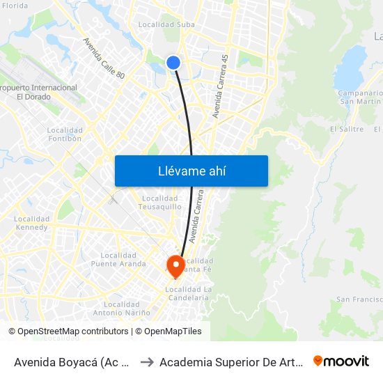 Avenida Boyacá (Ac 127 - Av. Boyacá) to Academia Superior De Artes De Bogota - Asab map