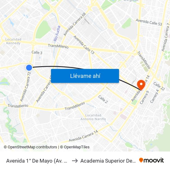 Avenida 1° De Mayo (Av. Boyacá - Av. 1 De Mayo) (A) to Academia Superior De Artes De Bogota - Asab map