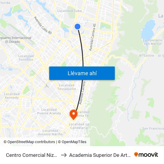 Centro Comercial Niza (Ac 127 - Kr 60) to Academia Superior De Artes De Bogota - Asab map