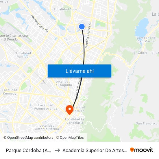 Parque Córdoba (Ac 127 - Kr 54) to Academia Superior De Artes De Bogota - Asab map