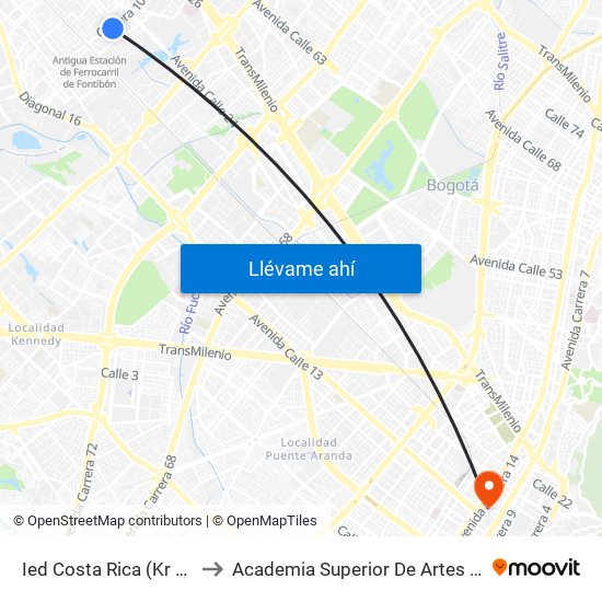 Ied Costa Rica (Kr 100 - Cl 23b) to Academia Superior De Artes De Bogota - Asab map