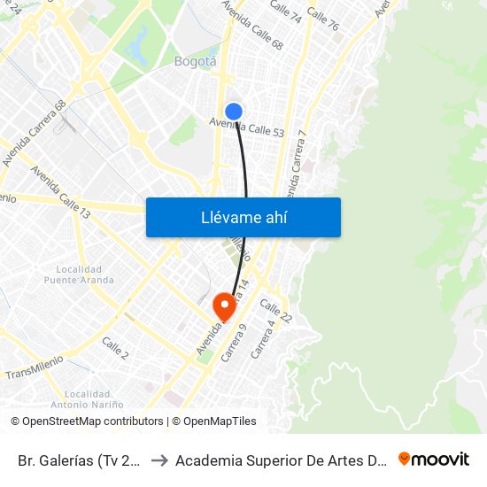 Br. Galerías (Tv 24 - Cl 53b) to Academia Superior De Artes De Bogota - Asab map