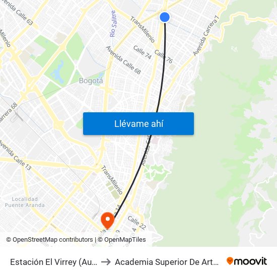 Estación El Virrey (Auto Norte - Cl 88) to Academia Superior De Artes De Bogota - Asab map