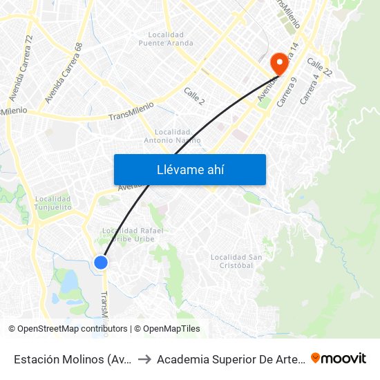 Estación Molinos (Av. Caracas - Kr 7) to Academia Superior De Artes De Bogota - Asab map