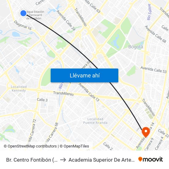 Br. Centro Fontibón (Cl 17 - Ak 100) to Academia Superior De Artes De Bogota - Asab map