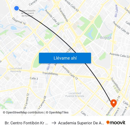 Br. Centro Fontibón Kr 104b (Cl 17 - Kr 104b) to Academia Superior De Artes De Bogota - Asab map