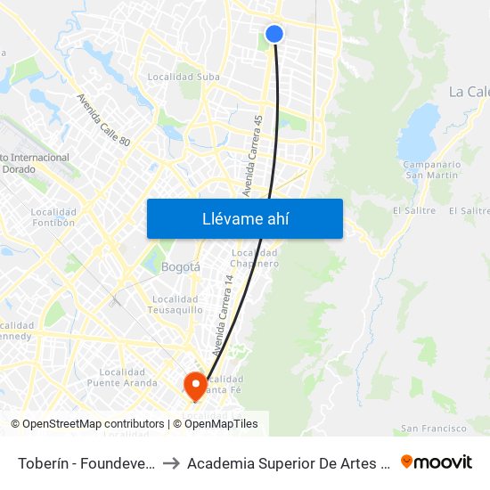 Toberín - Foundever (Lado Sur) to Academia Superior De Artes De Bogota - Asab map