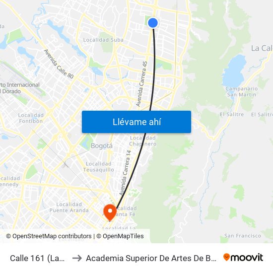 Calle 161 (Lado Sur) to Academia Superior De Artes De Bogota - Asab map