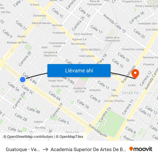 Guatoque - Veraguas to Academia Superior De Artes De Bogota - Asab map