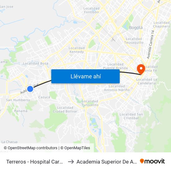 Terreros - Hospital Cardiovascular (Lado Sur) to Academia Superior De Artes De Bogota - Asab map