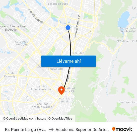 Br. Puente Largo (Av. Suba - Cl 114) to Academia Superior De Artes De Bogota - Asab map