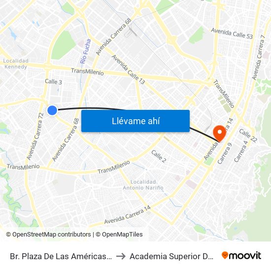 Br. Plaza De Las Américas (Av. 1 De Mayo - Kr 69c) (E) to Academia Superior De Artes De Bogota - Asab map