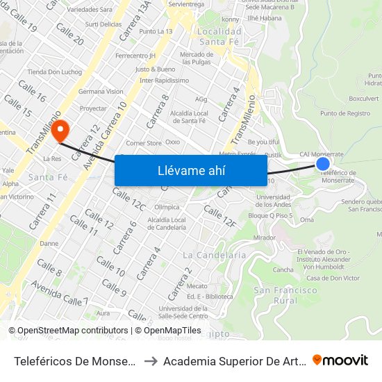 Teleféricos De Monserrate (Ac 20 - Kr 1) to Academia Superior De Artes De Bogota - Asab map