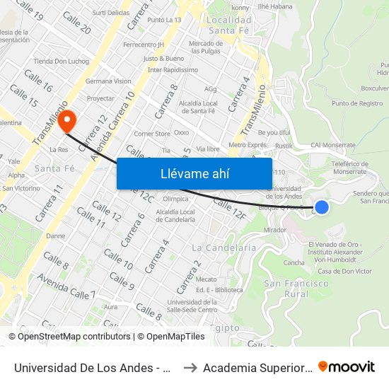 Universidad De Los Andes - Campo Deportivo (Av. Circunvalar - Cl 18) to Academia Superior De Artes De Bogota - Asab map