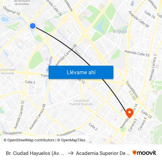 Br. Ciudad Hayuelos (Av. Centenario - Av. C. De Cali) to Academia Superior De Artes De Bogota - Asab map