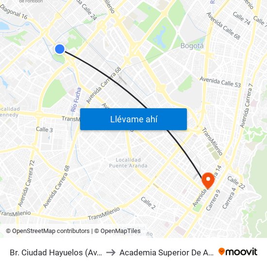 Br. Ciudad Hayuelos (Av. Centenario - Kr 78g) to Academia Superior De Artes De Bogota - Asab map