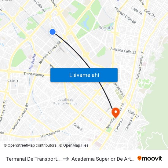 Terminal De Transporte (Cl 22c - Kr 68f) to Academia Superior De Artes De Bogota - Asab map