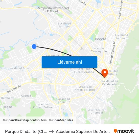Parque Dindalito (Cl 40 Sur - Kr 96) to Academia Superior De Artes De Bogota - Asab map