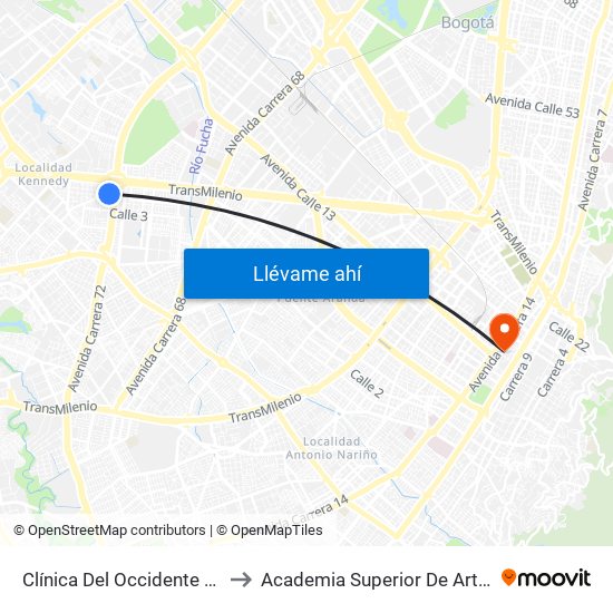 Clínica Del Occidente (Dg 5a - Kr 72 Bis) to Academia Superior De Artes De Bogota - Asab map