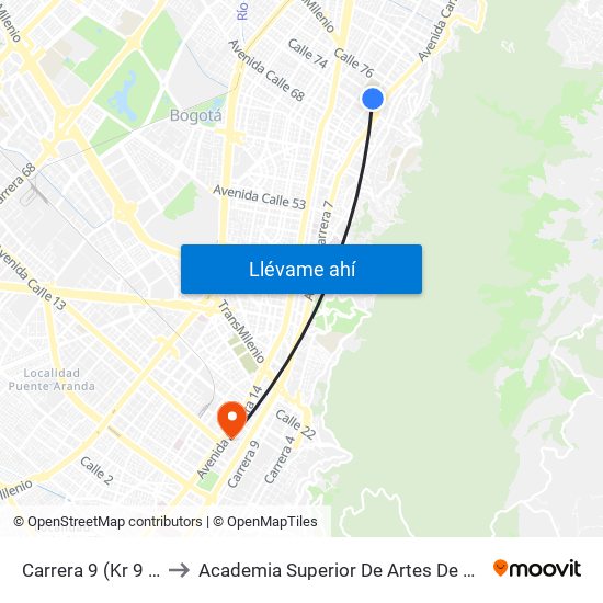 Carrera 9 (Kr 9 - Cl 73) to Academia Superior De Artes De Bogota - Asab map