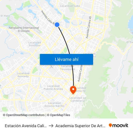 Estación Avenida Cali (Kr 85a - Ac 80) to Academia Superior De Artes De Bogota - Asab map