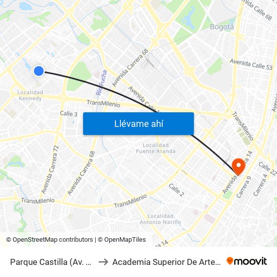 Parque Castilla (Av. A. Mejía - Cl 7c) to Academia Superior De Artes De Bogota - Asab map