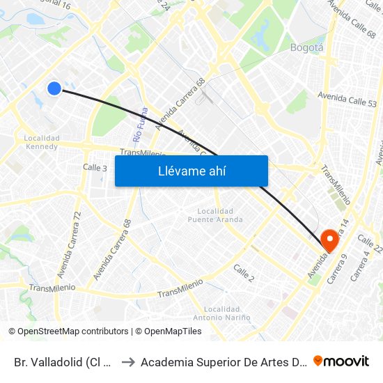 Br. Valladolid (Cl 8c - Kr 80f) to Academia Superior De Artes De Bogota - Asab map